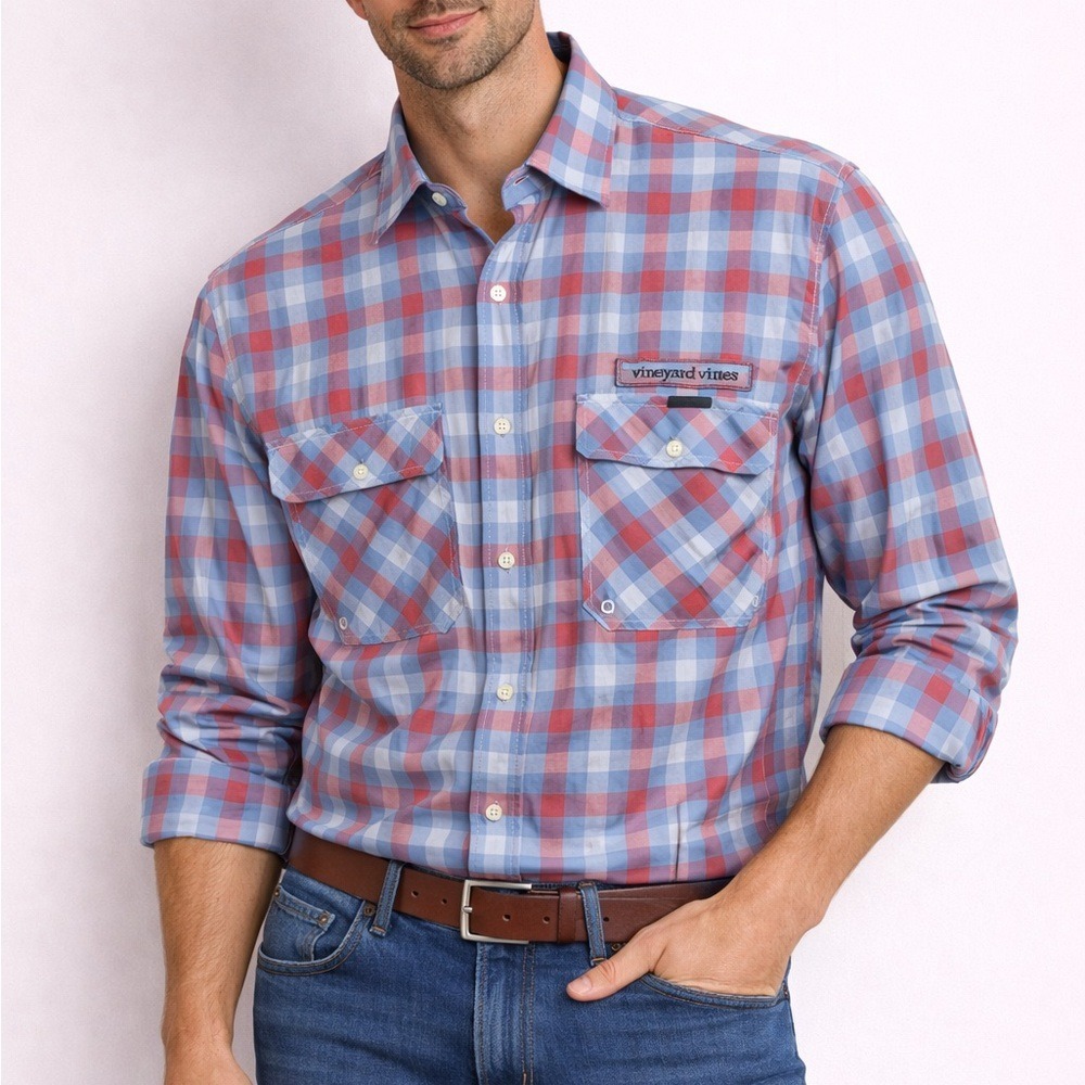 Vineyard Vines Mens Harbor Shirt Plaid Performance Fishing Button Red Blue M